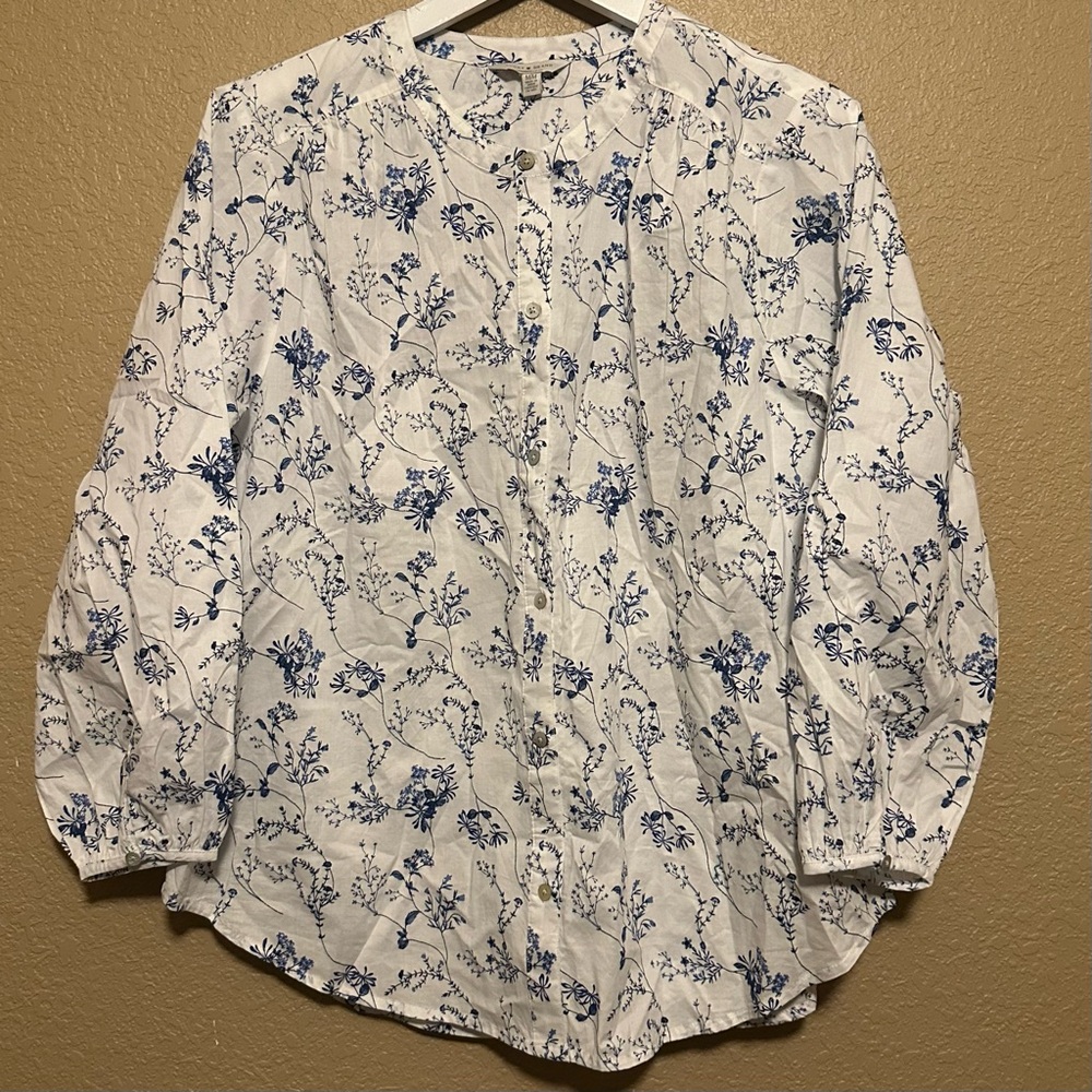 Lucky Brand Women's Long Sleeve Floral Peasant Top White Blue Size M Medium